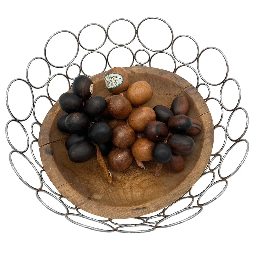 S.C. Vizcarra Munising Centerpiece Set 5pc MCM Brown Vintage Wood Grapes Basket